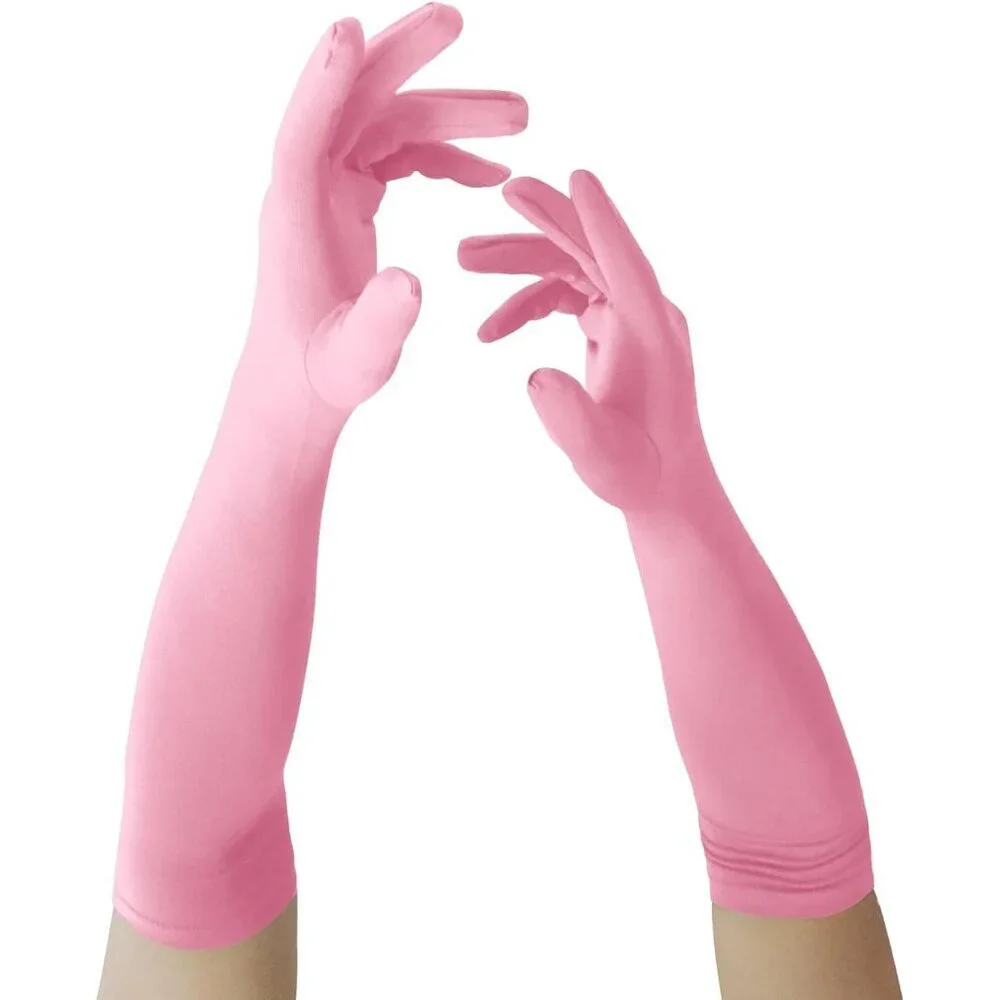 Women's Pink Elbow Length Fabric Satin Gloves Halloween Costume Accessories